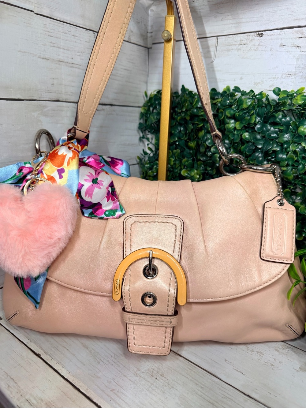 Coach Blush Pink/ Peachy pearl Leather Shoulder Bag with Decorative Buckle